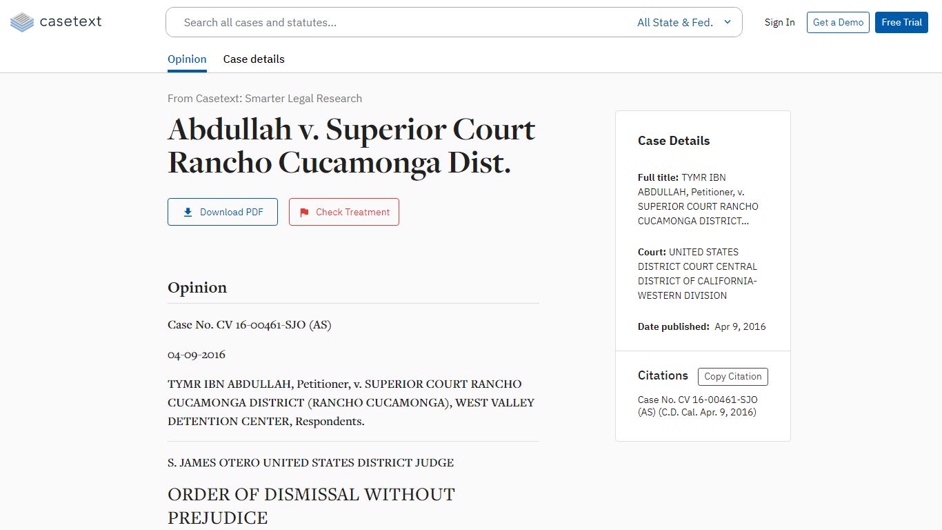 Abdullah v. Superior Court Rancho Cucamonga Dist., Case No. CV 16-00461 ...